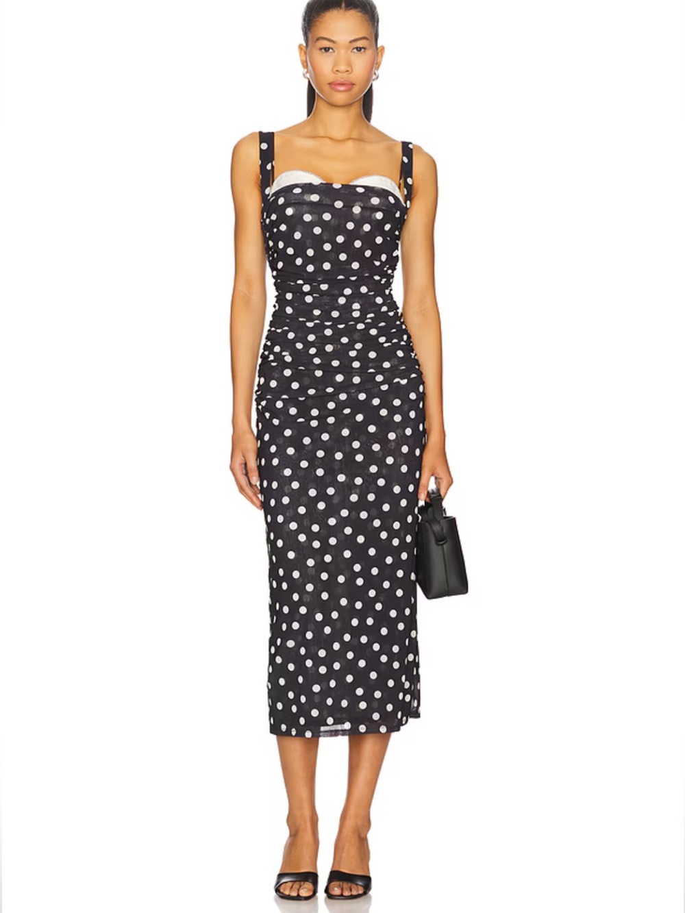 LPA Carla Midi Dress Black Cream polka Dot bra sheath Revolve NWT L